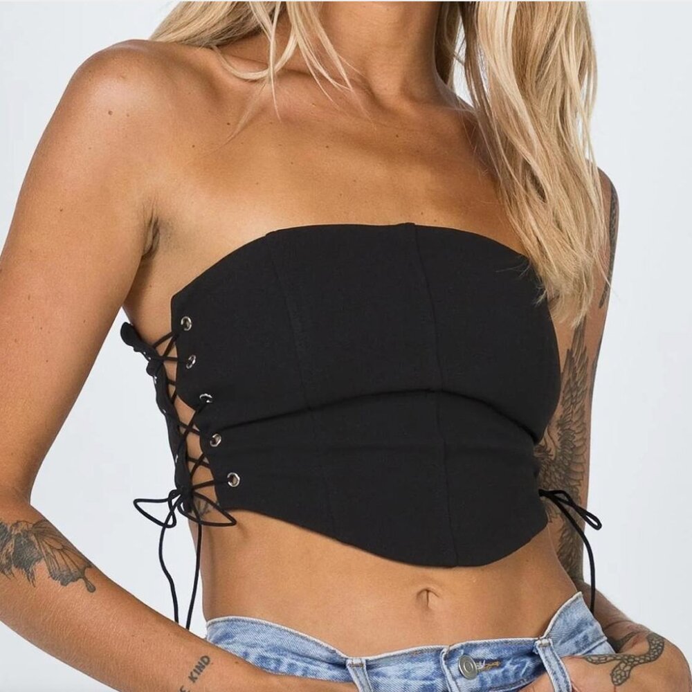 Princess Polly Black Strapless Lace Up Crop Top